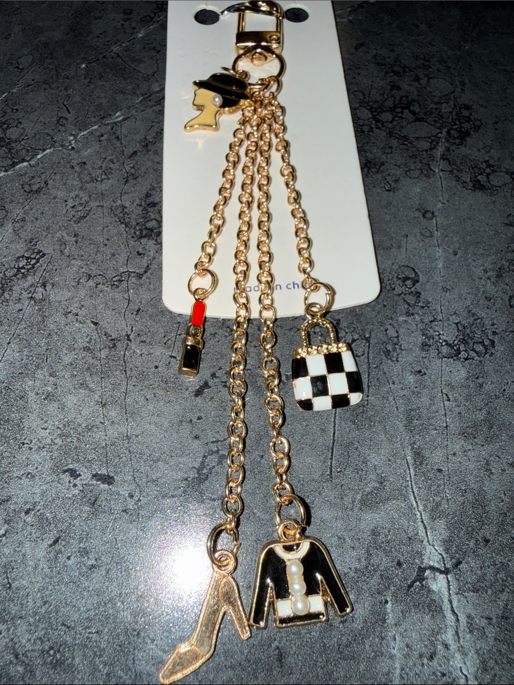 Gold Fashion Charm Keychain with Black & White Accents